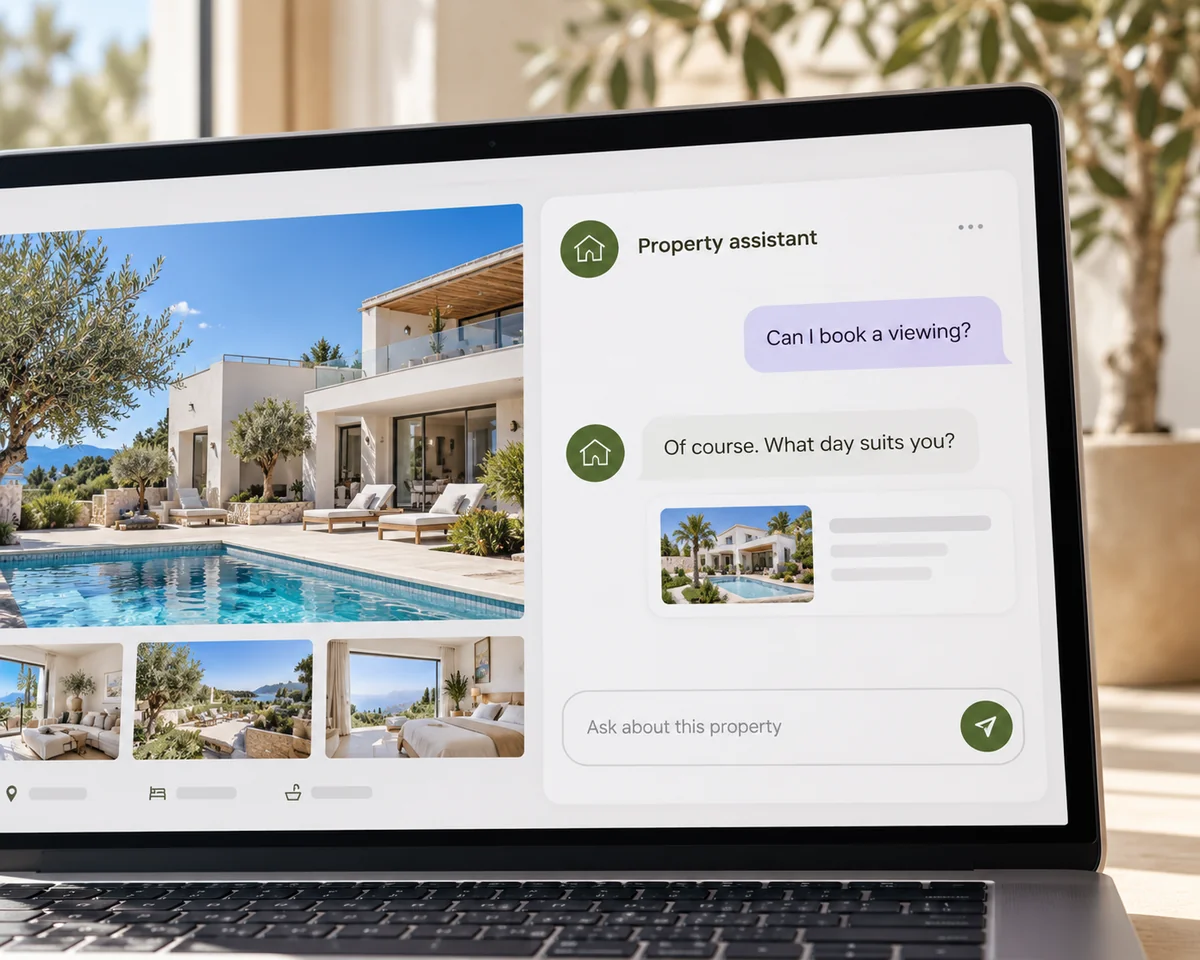 Property chatbot answering a viewing enquiry on a laptop.