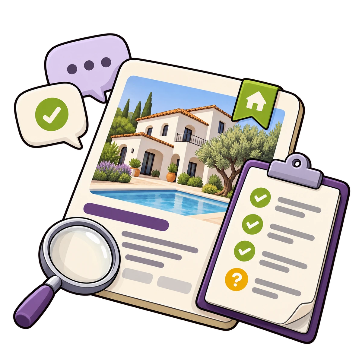 Property listing with conversation bubbles and a review checklist.